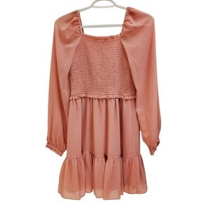 Pink Smocked Square Neck Ruffle Tiered Long Sleeve Dress XS